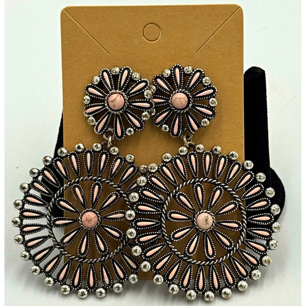 silver tone pink round concho dangle drop earrings metal lobe